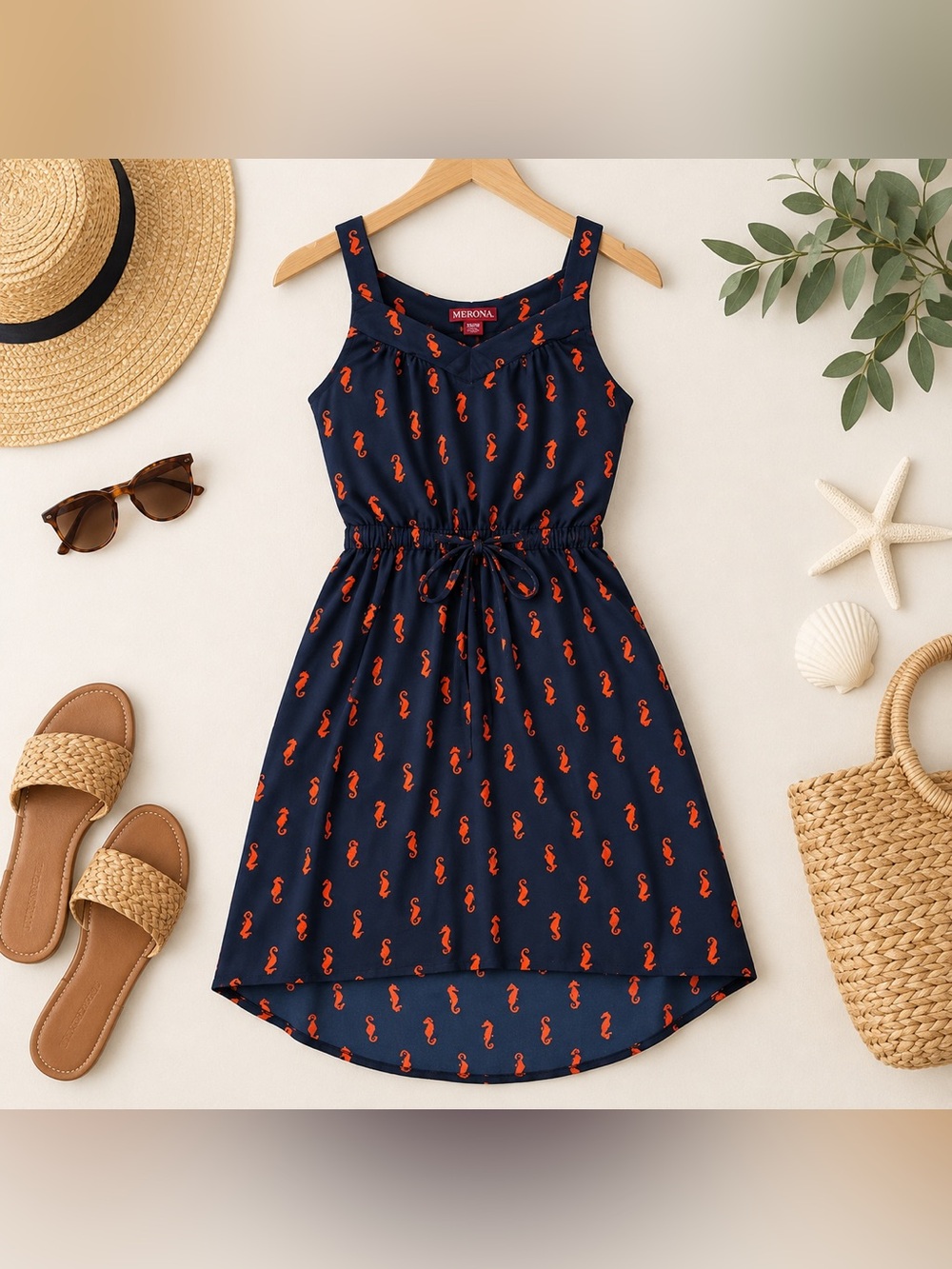 Merona XS Navy Seahorse Print Sleeveless Dress Tie Waist High Low Hem
